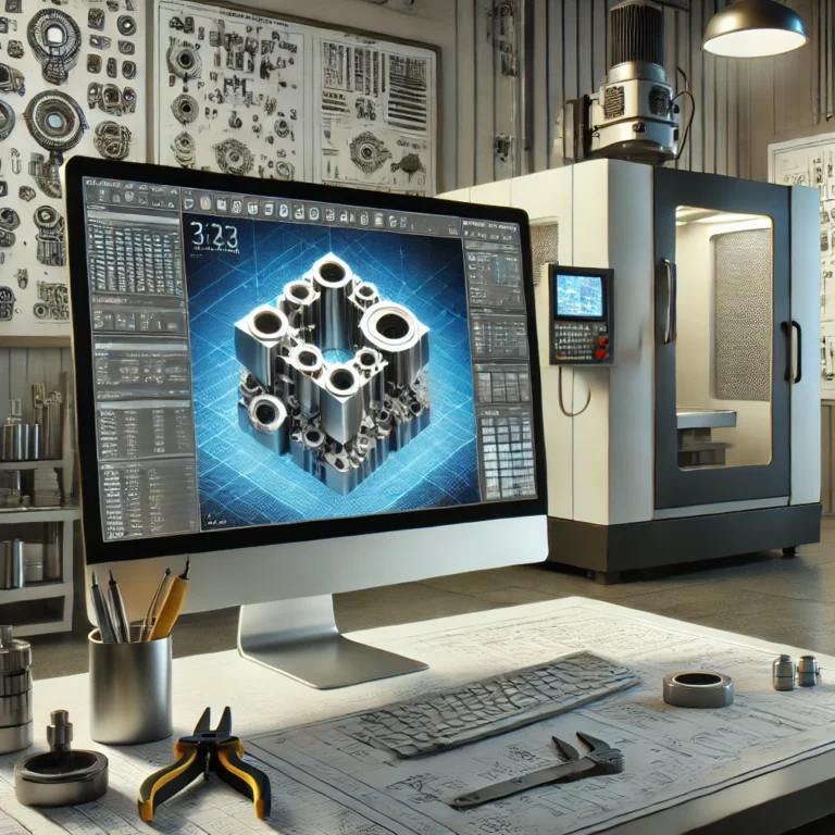 DALL·E 2024-10-03 15.38.31 - A detailed 3D rendering of an NC (Numerical Control) modeling setup in a professional workspace. The scene should feature a computer screen displaying